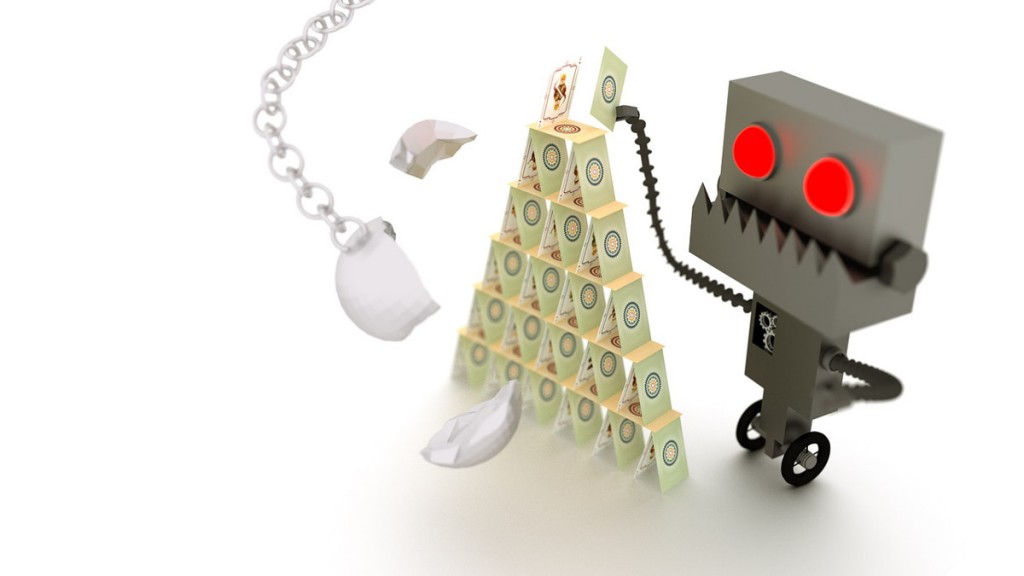 Grimmiger Roboter baut Kartenhaus