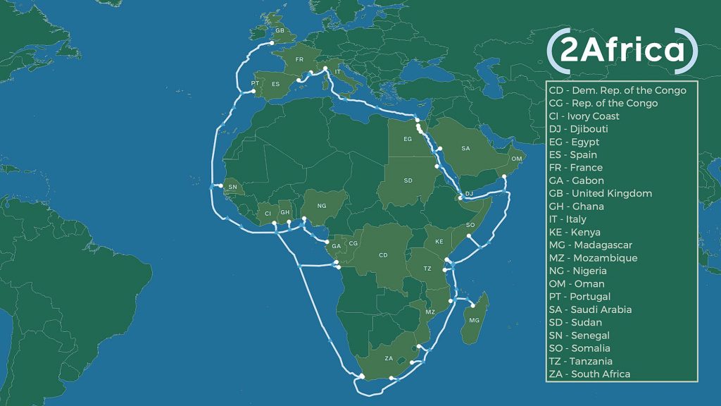 Das Facebook-Projekt „2 Africa" führt ein Unterseekabel um den gesamten afrikanischen Kontinent.