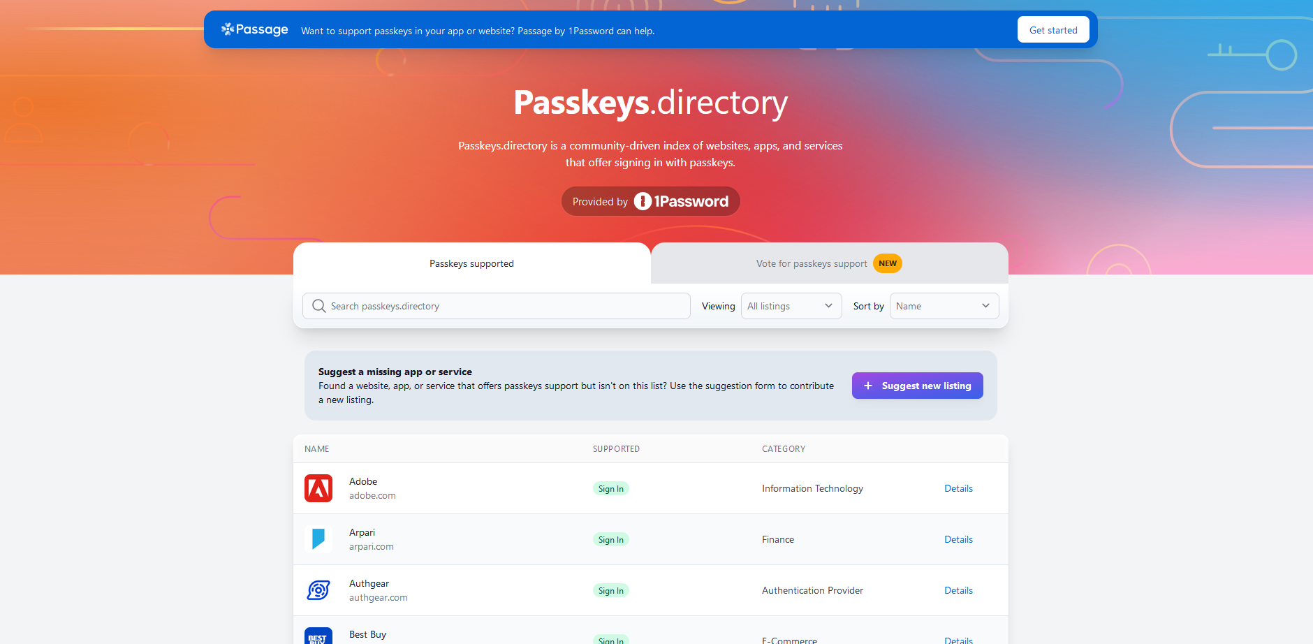 Passkey.directory zeigt ene Übersicht von Seiten, wo Passkeys schon nutzbar sind.