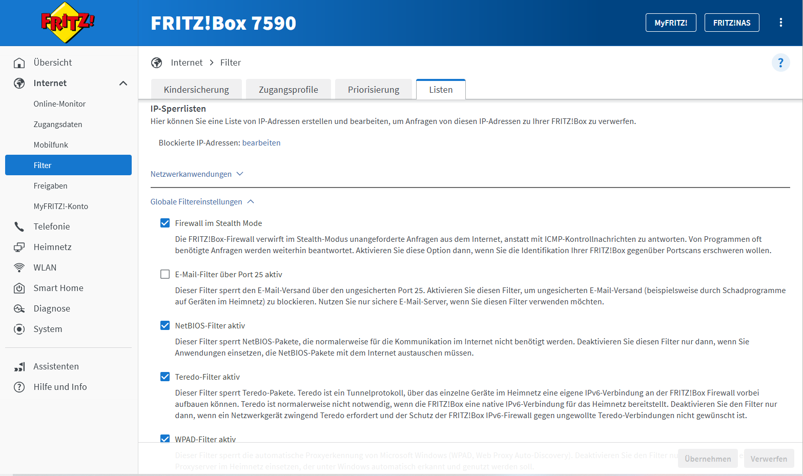 Screenshot Firewall Fritzbox