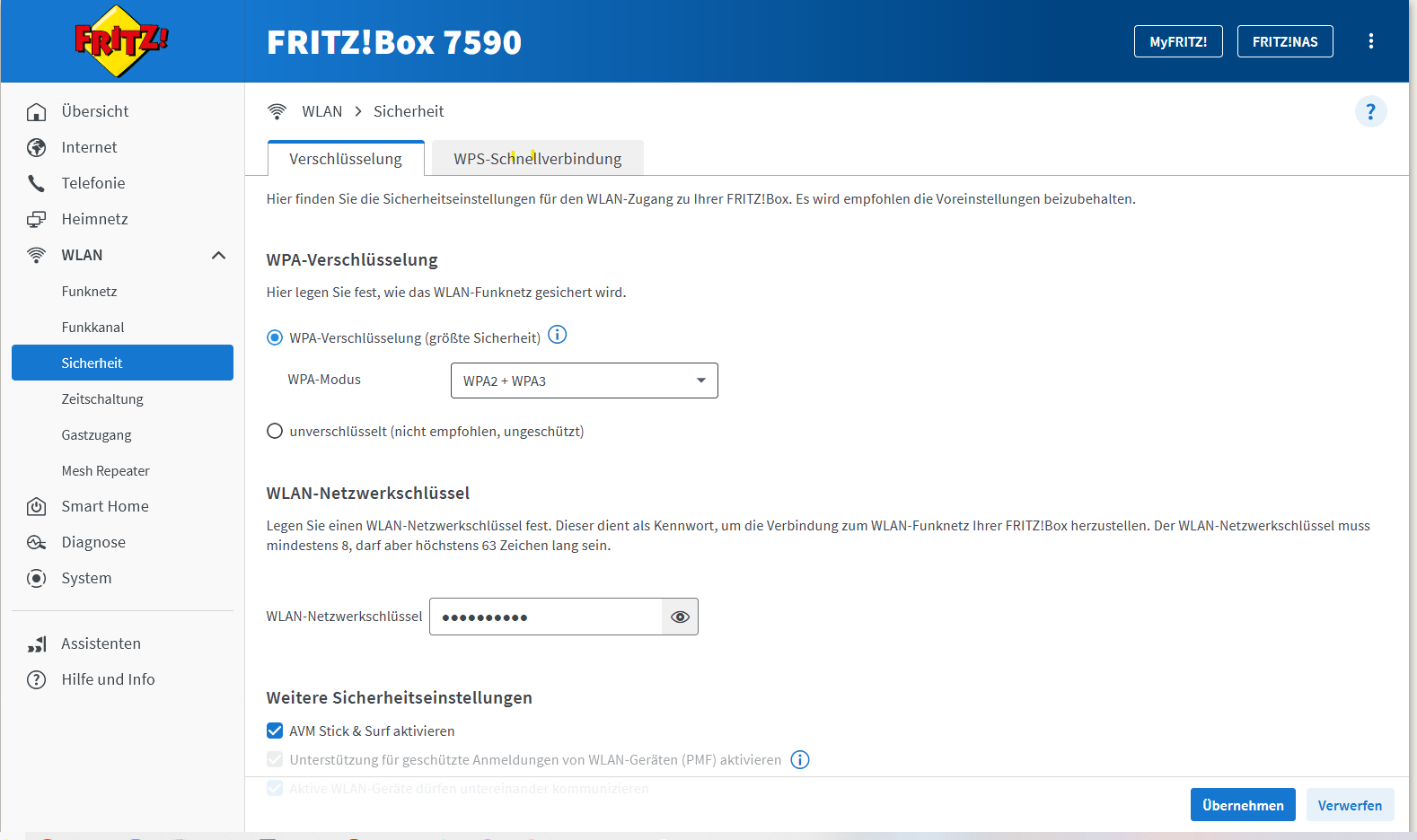 Die Fritz!Box kann mit WPA2 und WPA3 gleichzeitig umgehen.